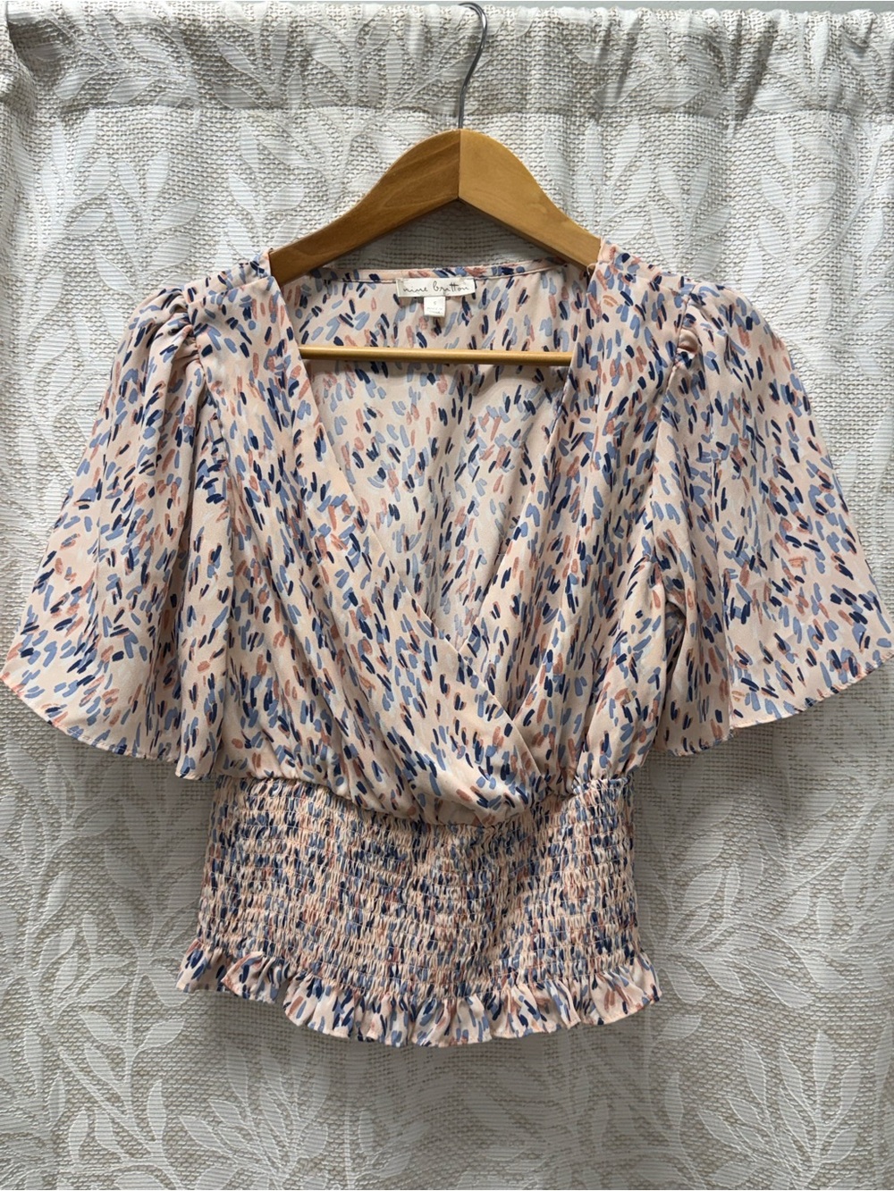 nine britton Pink Multi V-Neck Smocked Flutter Sleeve Blouse